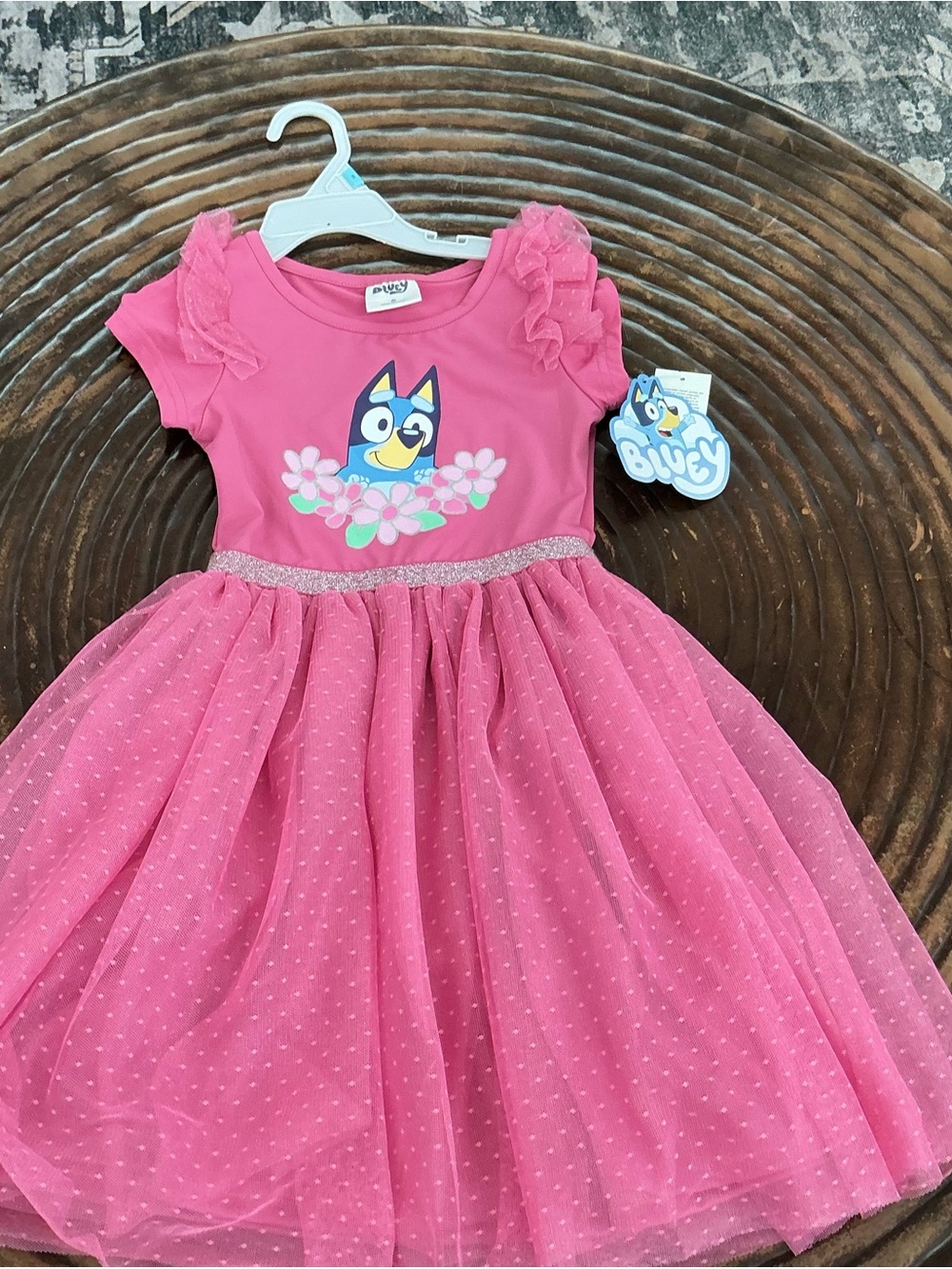 Pink Girls' Tulle Dress with Floral Graphic bluey sz 5 nwt
